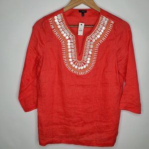 Talbots Womens 100% Linen Beaded Blouse Size S Petite Coral 3/4 Sleeve Pullover